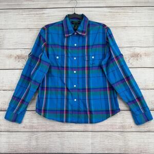 Vintage Lauren Ralph Lauren Plaid Roll Tab Sleeve Womens L Blue Purple